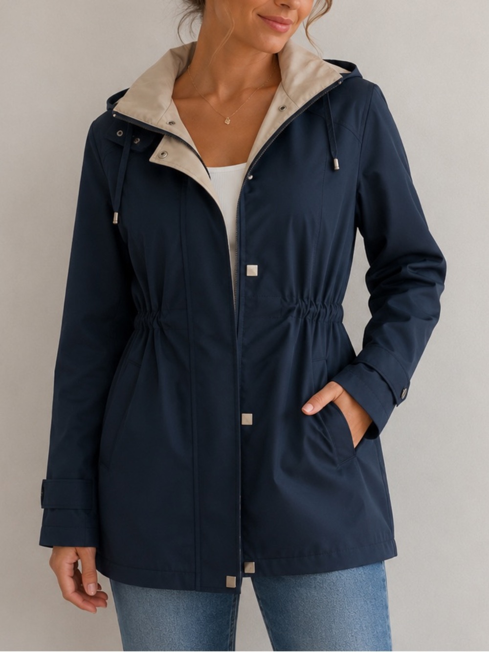 Liz Claiborne Hooded Utility Jacket Navy Blue Cinch Waist Rain Jacket Medium